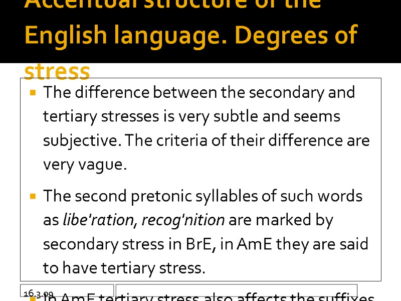 16.3.09 Accentual structure of the English language. Degrees of stress The difference between the